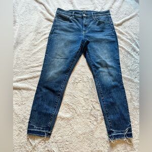 Express High Waisted Medium Wash Ripped Raw Drop Hem Skinny Jeans